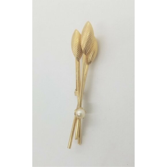 Cattails Brooch Gold Tone Faux Pearl Wheat Sheaf Pin Autumn Fall Costume Jewelry - Picture 1 of 4
